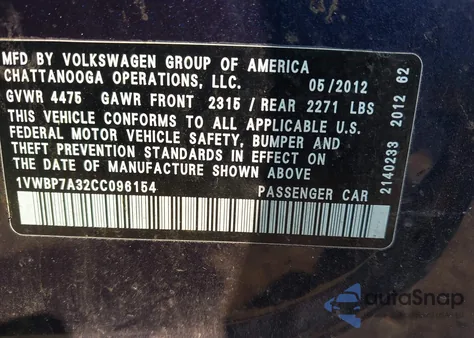 2012 Volkswagen Passat 2.5L Se z USA, uszkodzony, nr VIN 1VWBP7A32CC096154